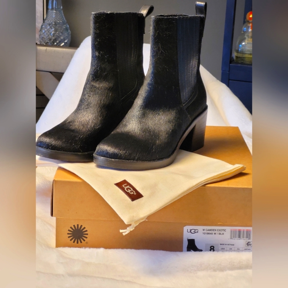 UGG Camden Exotic Cow Hair Boots, Size 8, Black